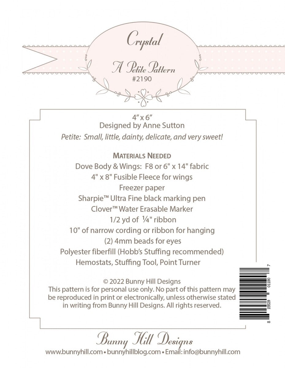 Crystal Dove | Bunny Hill Petite Pattern | Animal Doll Pattern | Annie Sutton | 4” x 6” | #BHD2190