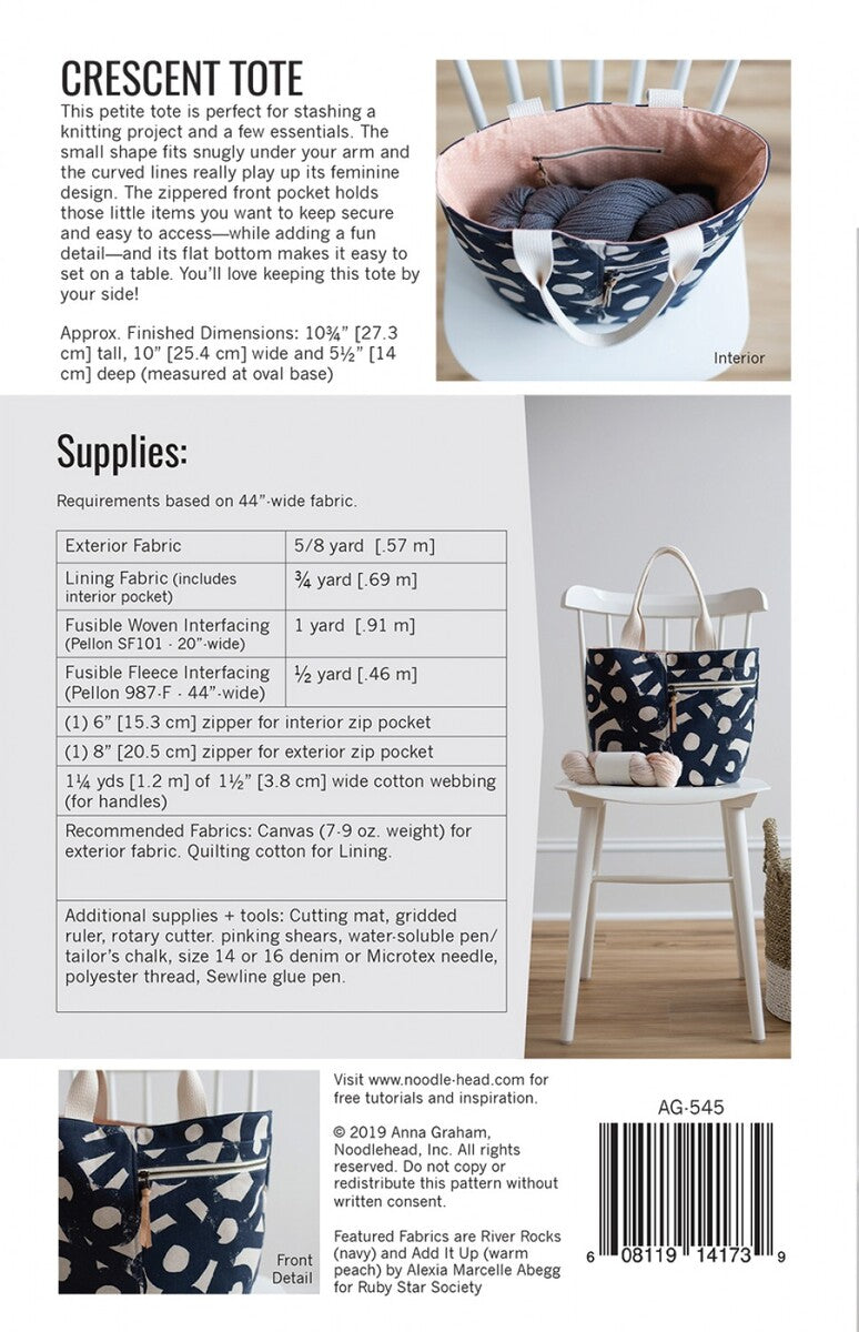 Crescent Tote Petite with Flat Bottom Bag Pattern | Noodlehead | #AG-545